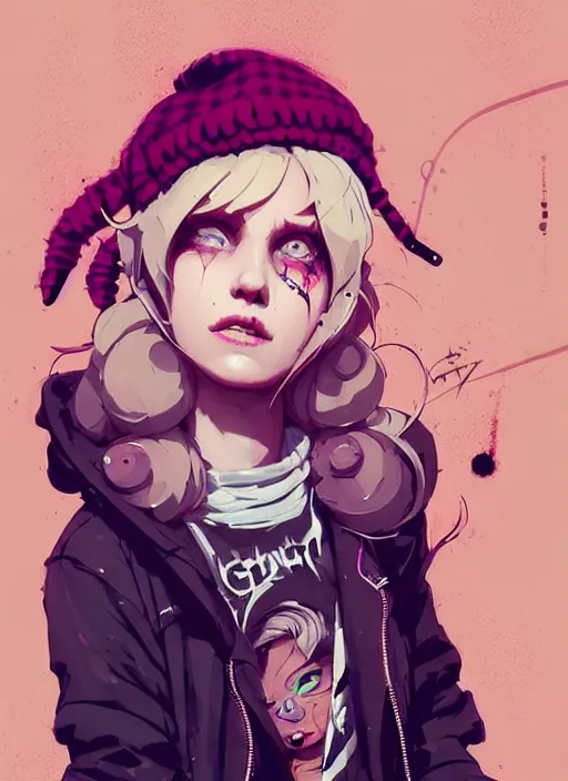 Image similar to highly detailed portrait of a sewer punk lady, tartan hoody, blonde ringlet hair by atey ghailan, by greg rutkowski, by greg tocchini, by james gilleard, by joe fenton, by kaethe butcher, gradient magenta, black, blonde cream and white color scheme, grunge aesthetic!!! ( ( graffiti tag wall background ) )