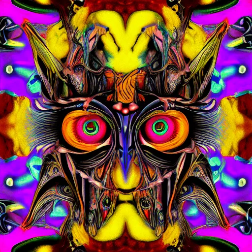 Image similar to a psychedelic jester mask with three rows of eyes album cover 4k