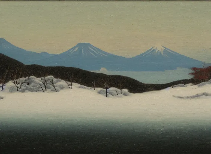 Image similar to the coast of hokkaido in winter, japan in the style of hudson river school of art, oil on canvas