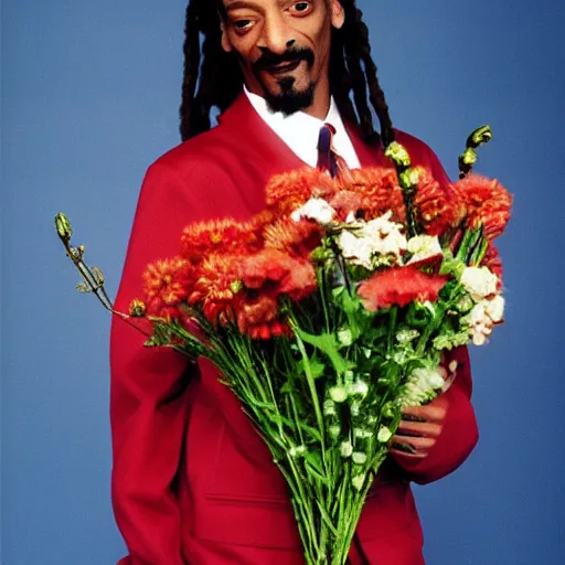 Image similar to Snoop Dogg looking away from camera while holding a Vase of flowers for a 1990s sitcom tv show, Studio Photograph, portrait, C 12.0