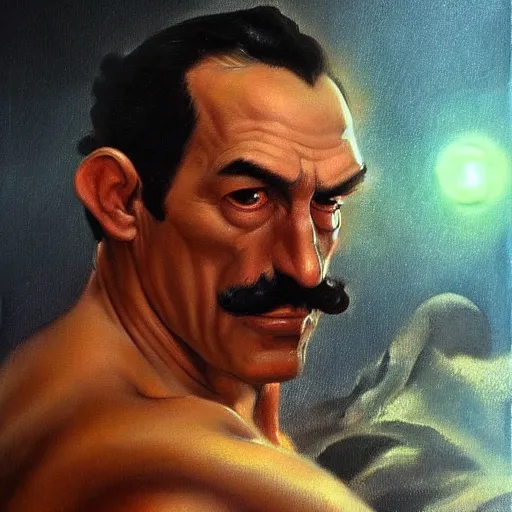 Image similar to An ultra realistic portrait painting of Luigi in the style of Frank Frazetta, 4k, Ultrarealistic, Highly Detailed, Dark Fantasy, Epic Lighting