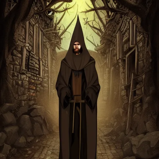 Image similar to 4 0 years old man, skinny, slim : : goatee : : hooded cloak : : medieval city, night, dark, grim, high detail, digital art, rpg, illustration
