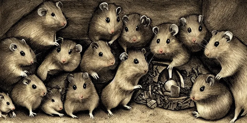 Prompt: an evil hamster ritual, evil god, shadows, sinister, dark ancient ritual, menacing, highly detailed