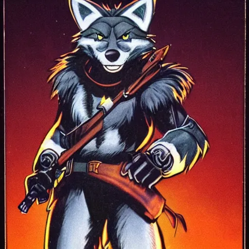 Image similar to 1 9 8 0 s video game art of anthropomorphic wolf o'donnell from starfox fursona furry wolf in a dark space mercenary uniform, looking heroic, magazine scan, 8 0 s game box art, dark grey wolf o'donnell