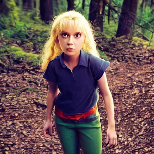 Image similar to young seven year old girl, blond hair green eyes, rinding a gray wolf, in a dark forest, still from a pixar disney movie