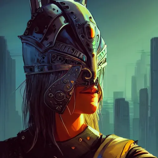 Image similar to cyberpunk viking helmet mask warrior goddess robot ninja fantasy, art gta 5 cover, official fanart behance hd artstation by jesper ejsing, by rhads, makoto shinkai and lois van baarle, ilya kuvshinov, ossdraws