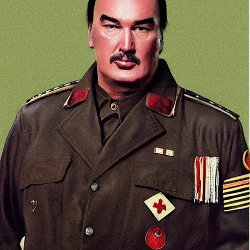 Image similar to Steven Seagal dressed as a soviet commander, realistic portrait.