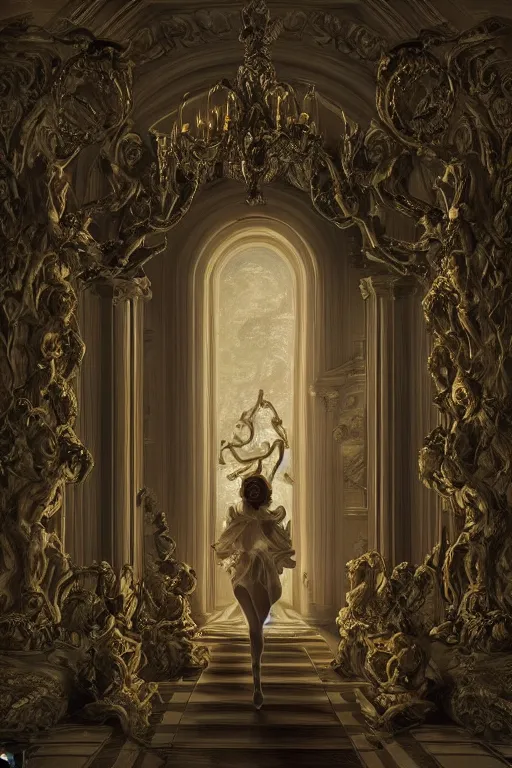 Image similar to the dweller on the threshold dramatic, elaborate emotive Baroque and Rococo styles to emphasize beauty as a transcendental, 8k image, ultra-realistic