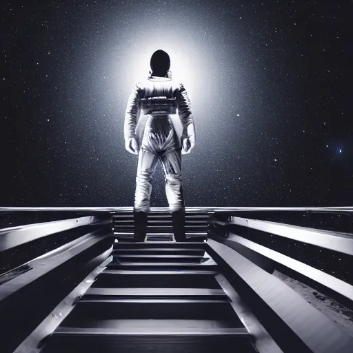 Prompt: mysterious man in silver space suit, walking on a small steel catwalk, floating in the darkness of space, with a black background, photograph, wide angle, long shot