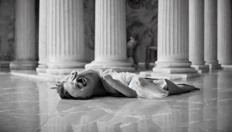 Prompt: 1 9 6 0 s movie still close - up of chrysippus laughing hysterically hysteria on the floor in a neoclassical room with marble tiles, cinestill 8 0 0 t 3 5 mm b & w, high quality, heavy grain, high detail, texture, dramatic light, anamorphic, hyperrealistic