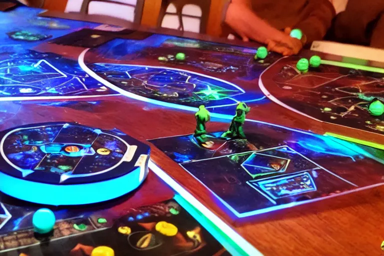 Image similar to scifi holographic dueling board game played by aliens at a cyber space arcade lounge