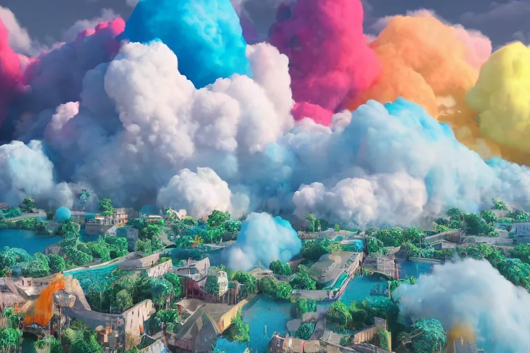 Prompt: super detailed color art, lots of clouds made of white foamy bubbles, unreal engine, wes anderson color palette, 3d render, colorful, digital art