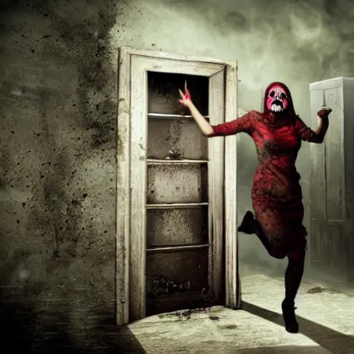 Image similar to dark haunted house with terrified woman pursued by headless zombies