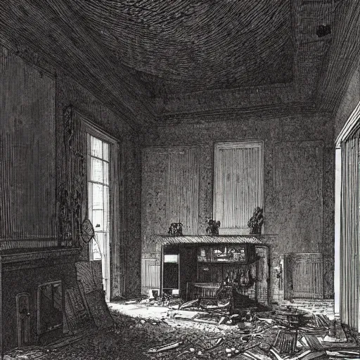 Image similar to living room of an abandonded house, illustration by Gustav Doré