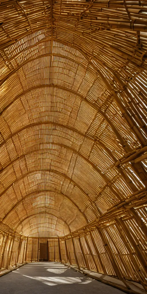 Prompt: inside small pavilion made of bamboo. complex curved vaulting structure with many thin columns. architectural photography. coronarender, 4 k, 8 k. volumetric lighting.