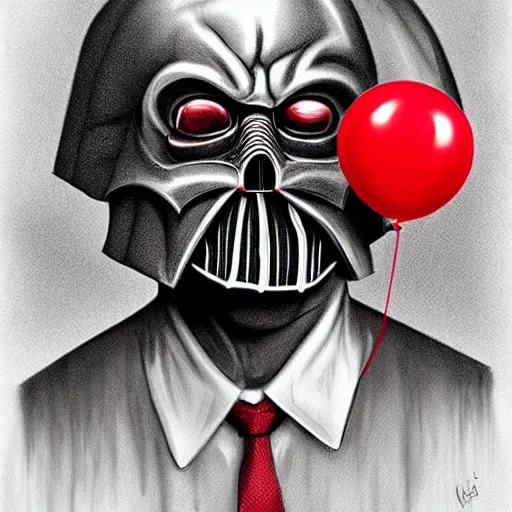 Prompt: surrealism grunge cartoon portrait sketch of death vader with a wide smile and a red balloon by - michael karcz, loony toons style, freddy krueger style, horror theme, detailed, elegant, intricate