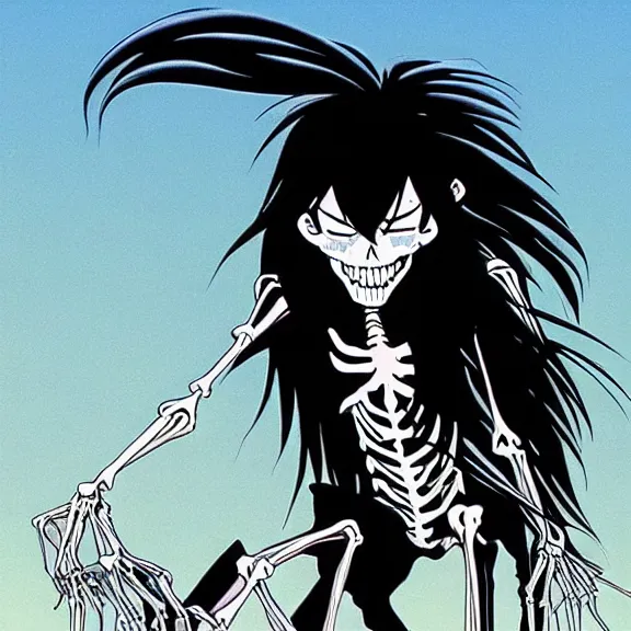 Image similar to long black hair vampire lord riding a skeletal horse, handsome, animation, studio ghibli