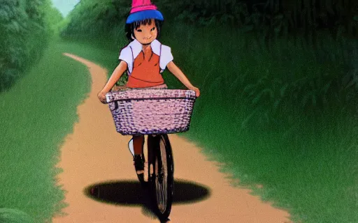 Image similar to a young girl riding a bike with a basket on a dirt path, 1970s philippines, art by hayao miyazaki, studio ghibli film, hi res, 4k