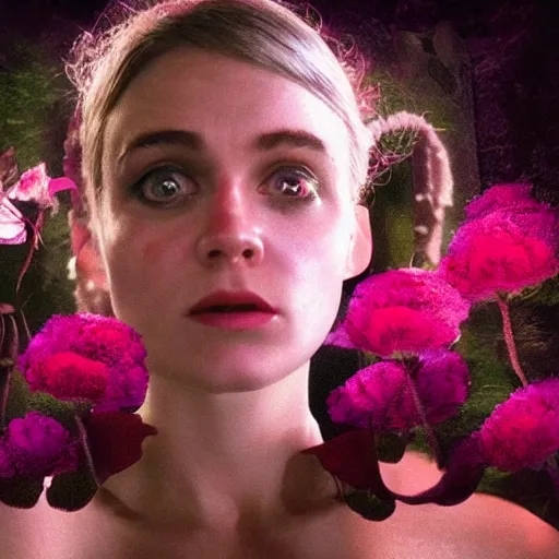 Prompt: movie still of the girl with the flowers head, cinematic composition, cinematic light, by edgar wright and david lynch, surreal art