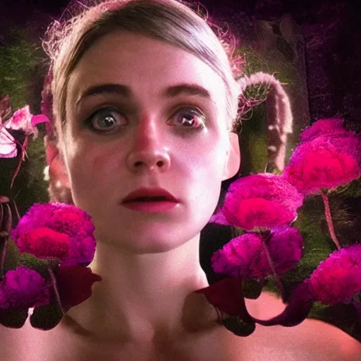 Image similar to movie still of the girl with the flowers head, cinematic composition, cinematic light, by edgar wright and david lynch, surreal art