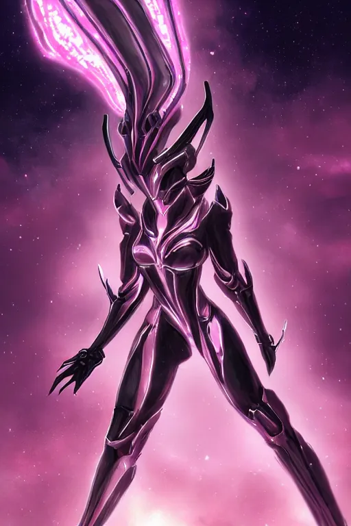 Prompt: galactic sized detailed elegant beautiful stunning quality giantess hot saryn prime warframe anthro mecha female dragon goddess, pink body, sleek metal head, sleek visor, smooth pink skin, sleek silver armor, bigger than galaxy, epic proportions, epic scale, epic size, warframe fanart, furry, dragon art, goddess, giantess, furaffinity, octane