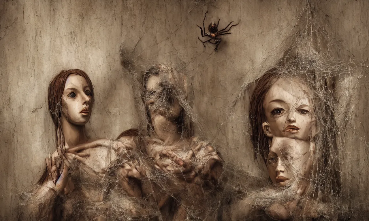 Image similar to a cinematic head and shoulders portrait of a beautiful female jointed wooden doll, holding each other, abandoned inside an abandoned house, spider webs, a giant spider, broken toys are scattered around, by James C. Christensen, by Tomasz Alen Kopera, by Raphael, by Caravaggio, 8K, rendered in Octane, cinematic, 3D, volumetric lighting, highly detailed, photorealistic, hyperrealism, BIG SPIDER