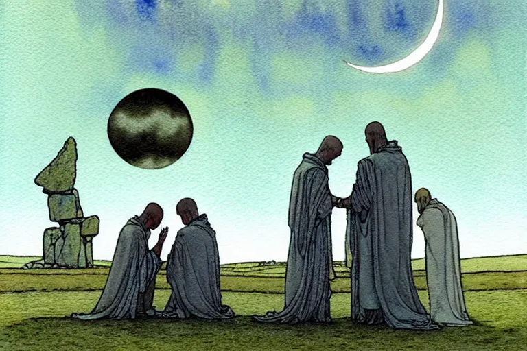 Image similar to a realistic and atmospheric watercolour fantasy concept art of a metallic ufo landing in a large stonehenge. medieval monk in grey robes on his knees praying. a crescent moon in the sky. muted colors. by rebecca guay, michael kaluta, charles vess and jean moebius giraud