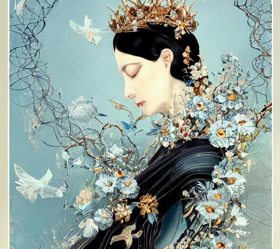 Image similar to breathtaking detailed concept art painting art deco pattern a beautiful black haired woman with pale skin and a crown on her head sitted on an intricate metal throne amalmation light - blue flowers with anxious piercing eyes and blend of flowers and birds, by hsiao - ron cheng and john james audubon, bizarre compositions, exquisite detail, extremely moody lighting, 8 k h 1 0 2 4