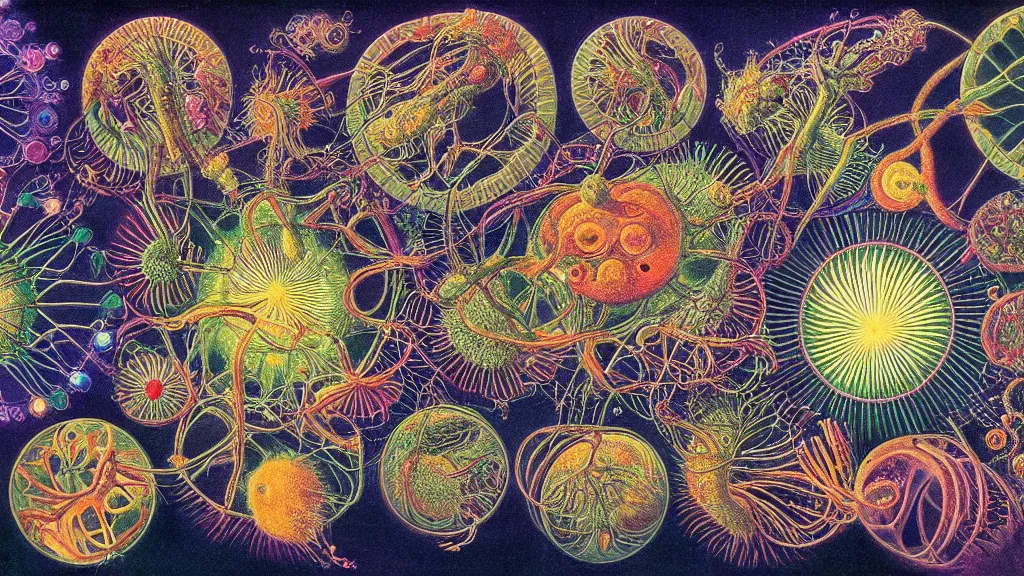 Image similar to quantum connections represented as symbiotic organisms like cells playing around with colorful lights by ernst haeckel, hostile environment, greedy