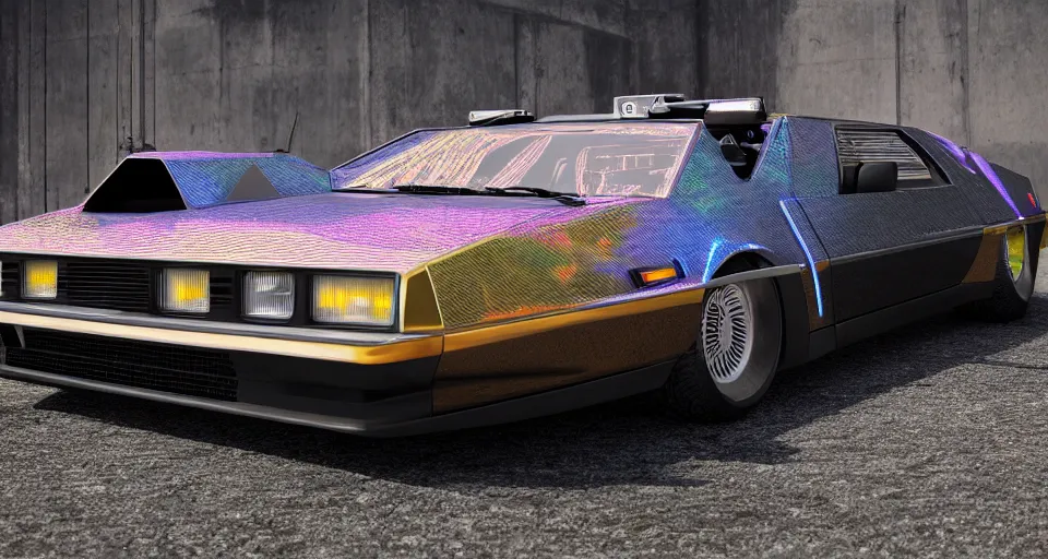 Image similar to Tricked out lowrider delorean, five spike mag wheels, holographic wrap, high detail, photorealism, full length view, very rust, concept art, octane render, 16k, 8k