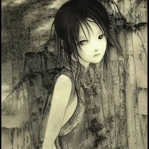 Image similar to a portrait of a character in a scenic environment by Yoshitaka Amano, black and white, dreamy, dark eyes