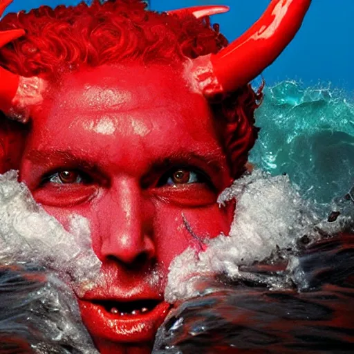 Image similar to a devilish red monster with horns emerging from boiling rough seas, close - up portrait photo by david lachapelle, masterpiece, trending on flickr s - 3 0