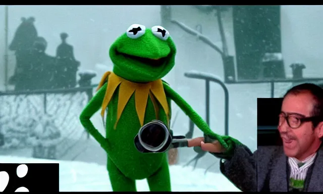 Prompt: kermit the frog as a weather reporter in a snow storm from new york he is wearing a brown parka, television static, 90s television