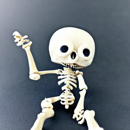 Image similar to an adorable simple ball jointed skeleton doll lovingly crafted by sclupted by hand from porcelain clay on a toy workbench, wearing a little bat poncho hoodie combo with jean shorts, worms eye view, macro camera lens, cinematic, focus