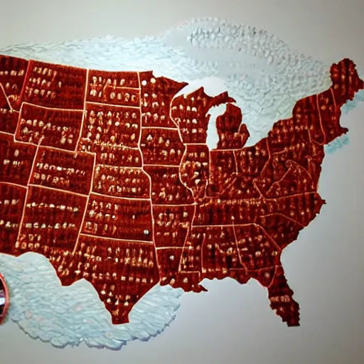 Prompt: A map of the United States made out of sushi. It is on a table next to a glass of red wine.