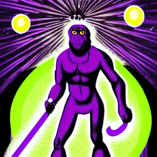 Image similar to purple gorilla using a green light saber in the desert comics style