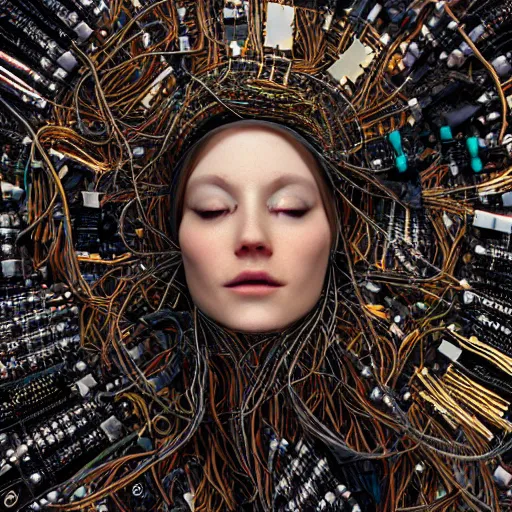 Image similar to tapping in to something greater, piles of modular synth cables, goddess laying down wearing a headpiece made of circuit boards, by cameron gray, wlop, stanley kubrick, masamune, hideki anno, unique perspective, trending on artstation, 3 d render, smooth render