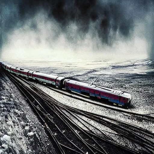 Image similar to “8k photograph of a train at the end of the world. Apocalyptic. National Geographic. Realistic.”