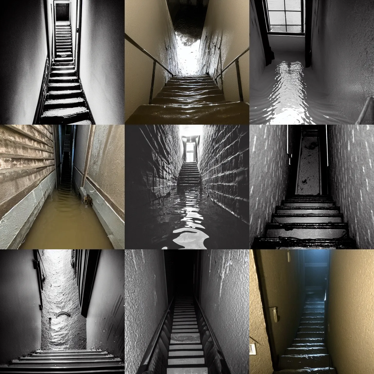 Prompt: A narrow flooded stairway leading down into the darkness, spooky, eerie, unsettling, photo taken from the top of the stairs looking downward