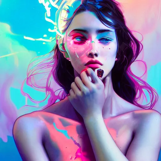 Image similar to young woman, gorgeous face, vaporwave aesthetic, synthwave, colorful, psychedelic, broken, shattered, beaten, sadness, crying, tears, artstation, concept art, smooth, extremely sharp detail, finely tuned detail, 8 k, unreal engine 5, ultra sharp focus, illustration, art by artgerm and greg rutkowski and alphonse mucha