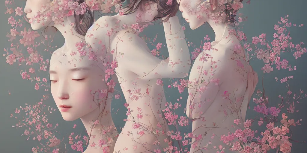 Image similar to breathtaking delicate detailed concept art painting pattern amalgamation flowers and girls, by hsiao - ron cheng, bizarre compositions, exquisite detail, pastel colors, 8 k