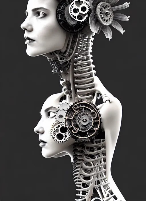 Image similar to black and white dreamy foggy profile face portrait, one steampunk eye biomechanical beautiful young female cyclope - cyborg - robot bust, body ribs meshes,, volumetric light, hibiscus flowers, by hg giger, rim light, by dora maar and cecile beaton, big gothic fashion pearl embroidered collar, 8 k