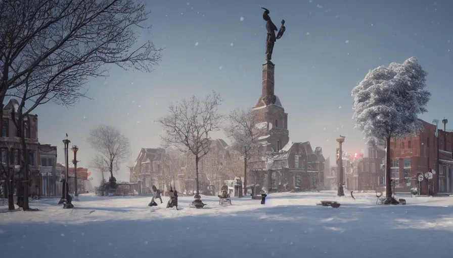 Image similar to small midwest town's square with statue under snow, winter, snow dunes, hyperdetailed, artstation, cgsociety, 8 k