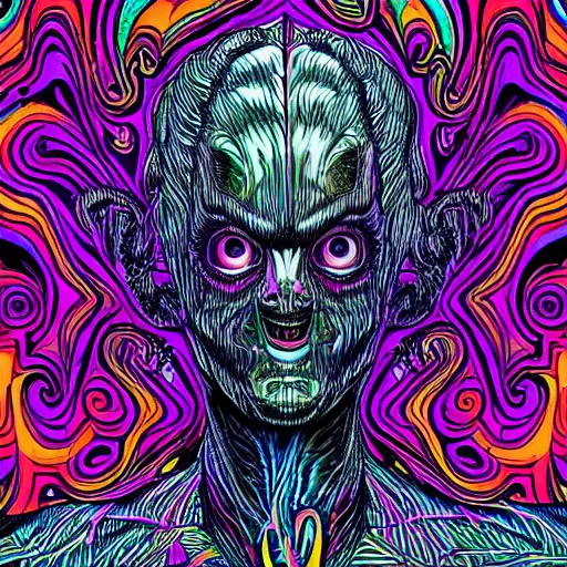 Image similar to a psychedelic godlike humanoid, hyper detailed, in the style of rutkowski and junji ito and bob ross and lisa frank, selfie