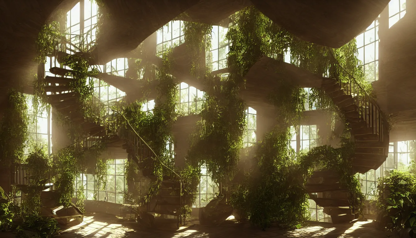 Prompt: intimate detailed hall full of windows streaming sunlight, spiralling staircase and shelves full of books, over grown vegetation falls from the ceiling, strong shadows, full colour, hyper realistic photo, unreal engine, upscale, 8 k, masterpiece,