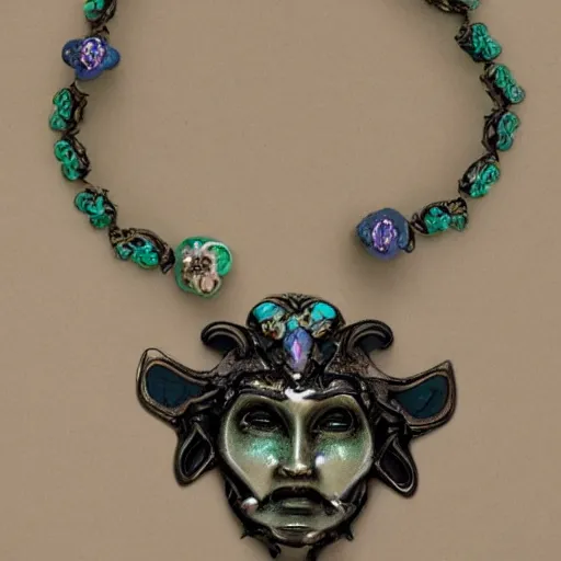 Prompt: beautiful artnouveau style necklace made of the face of a demoness and vampiress showing love with gem flowers in the style of René lalique