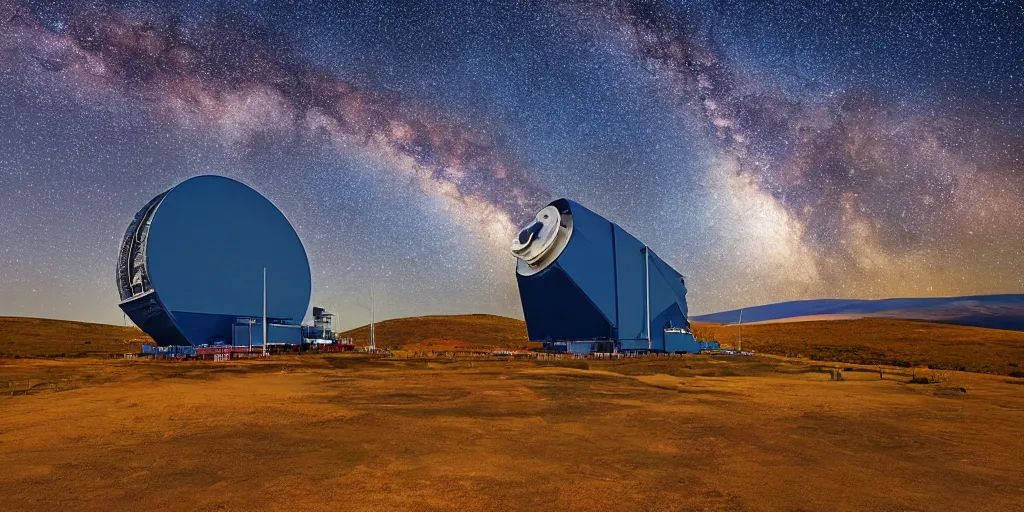 Prompt: huge telescope on mauna kea, big telescope in front, starry sky in background, blue color scheme, wide - angle lens, by hasui kawase