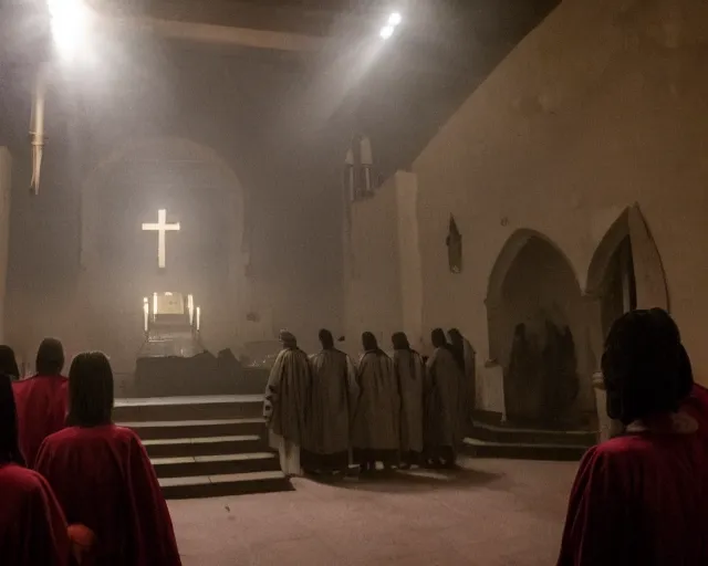 Image similar to a cultist ceremony, cultists with robes and masks, church interior, satanic church interior, the fog. horror lighting, found footage