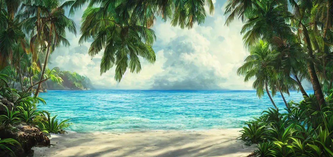 Prompt: beautiful tropical island beach, lush vegetation, white sand beach, tropic plants and flowers, clear water, dramatic lighting, cinematic, establishing shot, extremely high detail, foto realistic, cinematic lighting, post processed, concept art, artstation, thick oil painting, style by greg carter