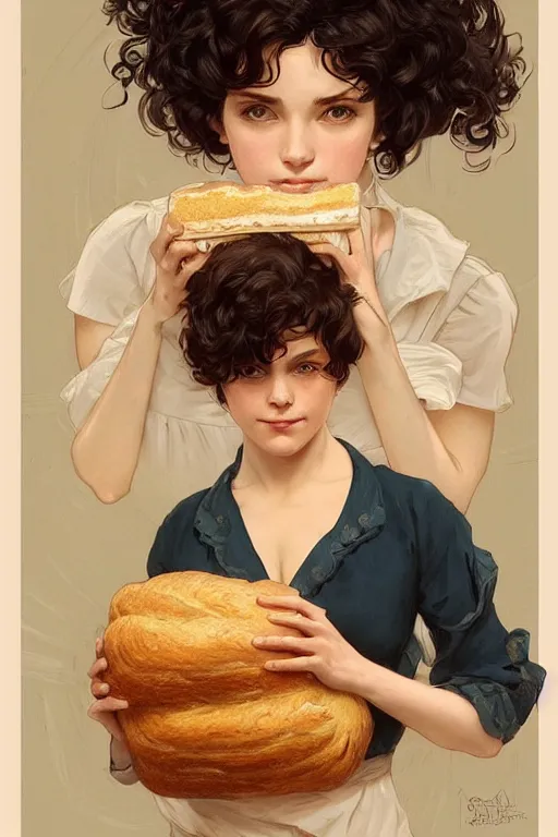 Image similar to beautiful cottagecore of a girl with short black curly hair, round face, cute face, holding a loaf of bread. intricate, elegant. highly detailed, digital painting, artstation, concept art, smooth, sharp, focus, illustration. . art by artgerm and greg rutkowski and alphonse mucha